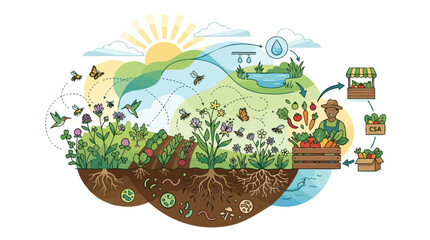Fototapeta premium Illustration of sustainable regenerative farming and local food production cycle.