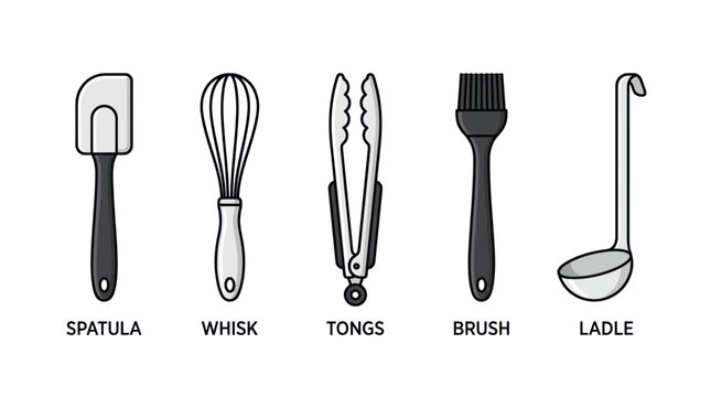 Kitchen utensils set with spatula whisk tongs brush and ladle