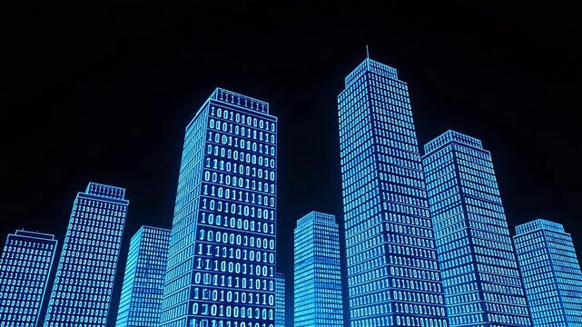 Blue neon skyscrapers at night