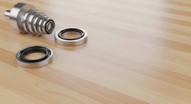 Stainless steel threaded rod and rubber seal washers on wooden surface for industrial assembly