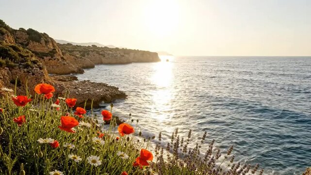 Drone Shot of Mediterranean Sea Cliffs with Red Poppies at Golden Hour