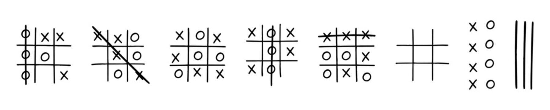 Hand drawn tic tac toe game vector collection, loose ink sketchy grid boards with X and O marks in various play states and outcomes. Classic childhood game illustration graphic set