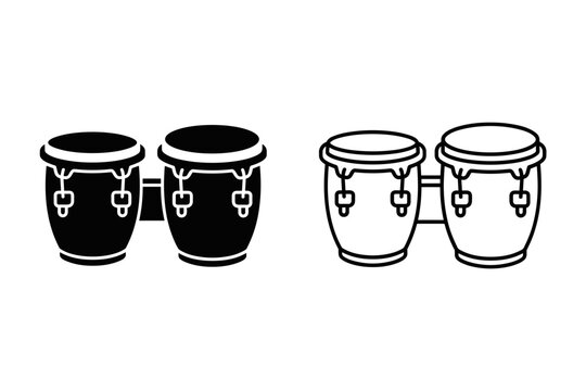 Pair of bongo drums shown in silhouette and outline for musical illustration