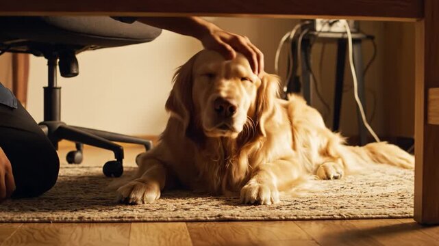 Golden retriever lying under a desk being petted by its owner. Warm and cozy home office setting. Perfect for pet care, remote work, or companionship concepts.
