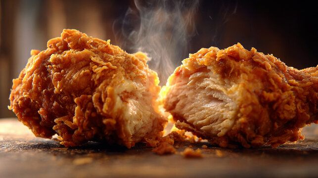 Closeup of crispy fried chicken pieces with steam rising