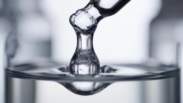 Close-up of a glass pipette dripping clear viscous serum into a bottle. Clean laboratory aesthetic for beauty, skincare, and medical product promotions.