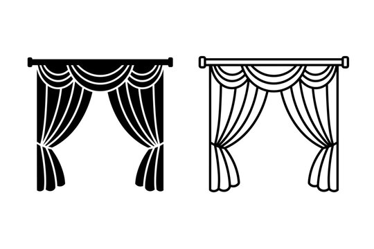 Elegant draped curtains with swag and jabot detailing, presented in silhouette and outline