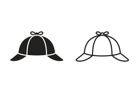 Iconic deerstalker hat in silhouette and outline styles for detective themes