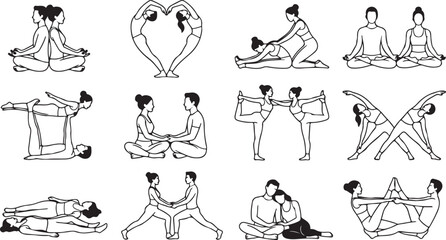 Fototapeta premium Couple yoga poses outline vector illustrations set, partner wellness line art