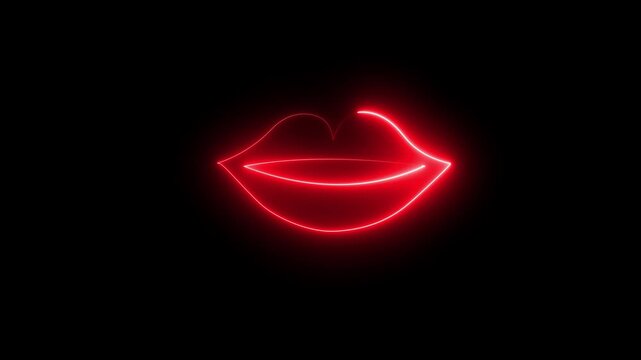 Neon red line lips sign icon. neon Close-up of woman's lips with vibrant highlighted by neon lights lip icon animation. female mouth sign of kiss neon icon Neon female smile icon animation