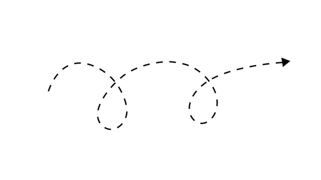 4k Long dotted line arrow animation to indicate an object. target arrow icon on black background, Arrow animation following wavy dotted line. K wavy dotted line arrow animation following path 