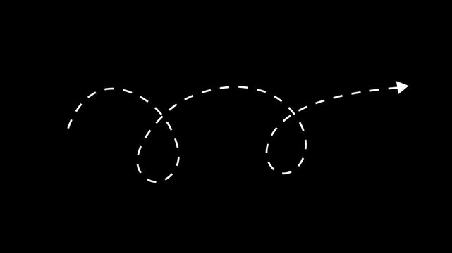 4k Long dotted line arrow animation to indicate an object. target arrow icon on black background, Arrow animation following wavy dotted line. K wavy dotted line arrow animation following path 
