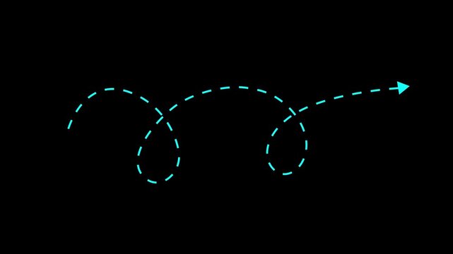 4k Long dotted line arrow animation to indicate an object. target arrow icon on black background, Arrow animation following wavy dotted line. K wavy dotted line arrow animation following path 