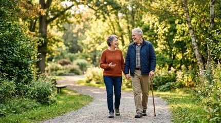 Obraz premium Smiling senior couple holding hands and walking along a sunlit garden path, with a cane, surrounded by lush green trees and flowers, enjoying a peaceful outdoor stroll in a park for advertising and ed