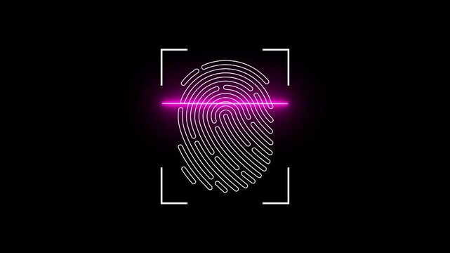 Futuristic fingerprint bio metric scanner animation isolated on black background, Access denied fingerprint scan outline icon animation with scanning process and cross mark, neon fingerprint scan icon