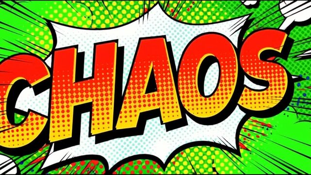 Animated chaos text bubble on vibrant green comic background