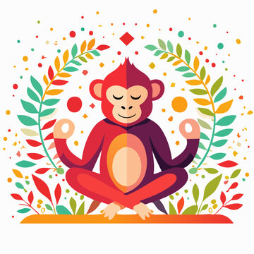 Monkey Meditating in Lotus Pose with Colorful Leaves and Confetti
