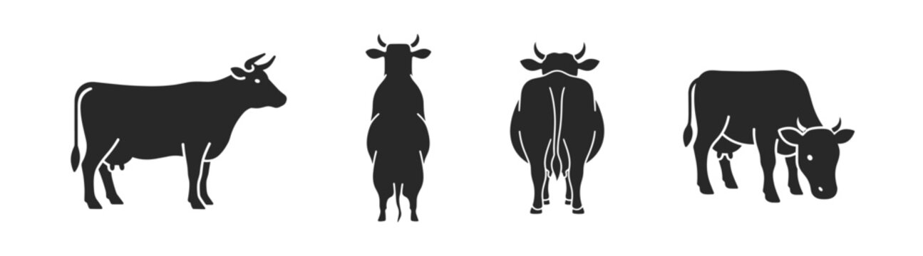 Cow and cattle livestock silhouette icon set for farming ranching and agriculture