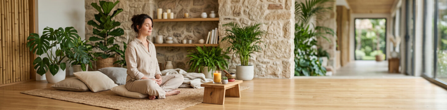 Serene woman meditating in a sunlit natural living room with plants and wooden floor for wellness background, mindfulness banner, and calm interior design