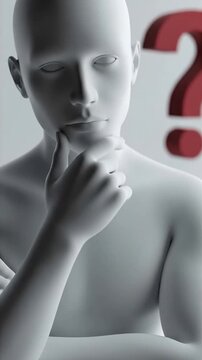 Grey faceless bust touching chin with red question mark behind, representing contemplation, logic, inquiry, decision, uncertainty, mystery and cerebral thought