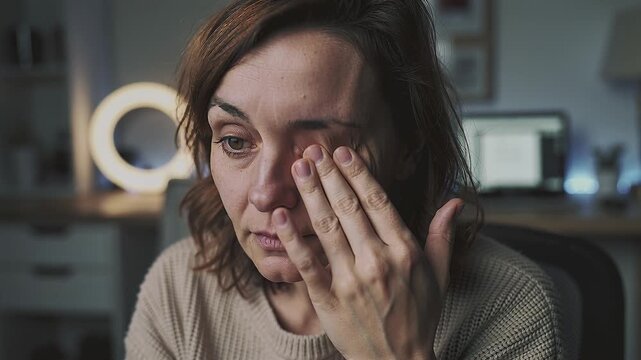 Tired woman rubbing her eye at a desk, representing digital eye strain and fatigue from long working hours. Ideal for health, wellness, and remote work concepts.