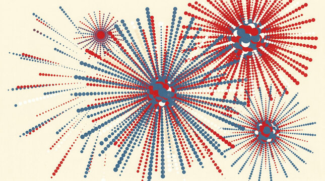 Fireworks burst made of small red and blue dots on a cream colored background, generated using ai