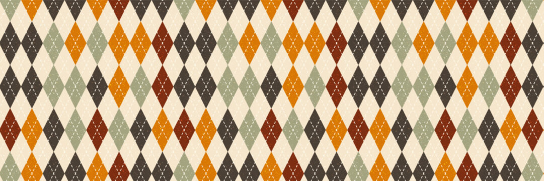 Vintage argyle pattern with diamond shapes in warm autumn colors. Seamless background perfect for golf-themed designs, wrapping paper, or retro textile prints with distressed texture.