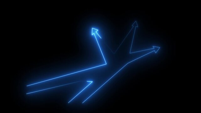 Glowing neon businessman standing in front of a crossroad with road split in three different ways as arrows.black 4k
