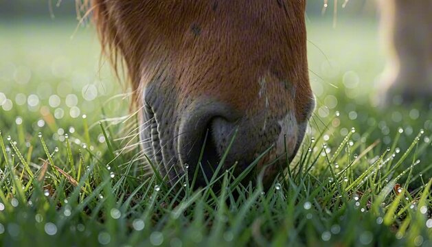 close up of horse muzzle grazing on green grass with dewdrops perfect for World Horse Day
