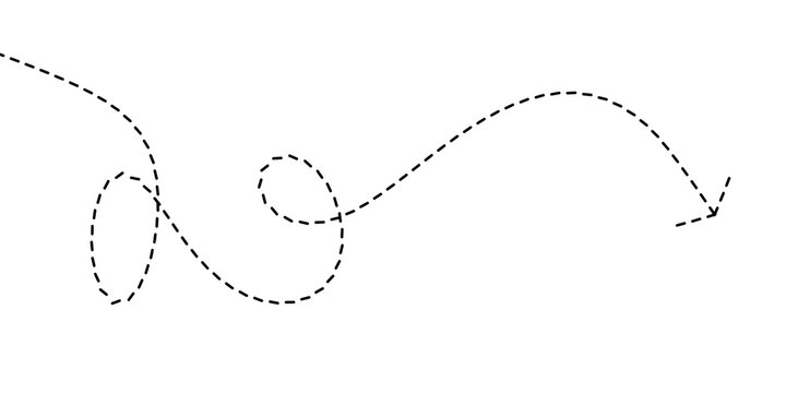Conceptual dashed line illustration featuring a flowing curve ending in an arrow, symbolizing a progressive path, intuitive direction, and a clear journey for innovative design projects