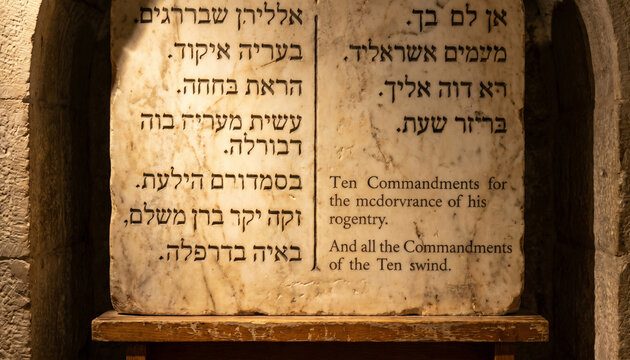 Ancient stone tablet with cryptic inscriptions and commandments text displayed in dark stone chamber.