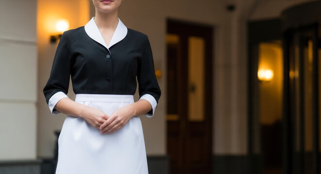 Hotel maid in black uniform and white apron standing with hands clasped at hotel doorway, professional service and hospitality