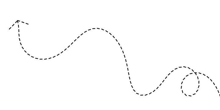 Dashed arrow shape indicating direction and movement, illustrating a winding path with a subtle upward trajectory