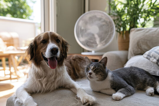 A dog and a cat lounging comfortably on a couch, embodying friendship and tranquility within a bright home setting filled with natural light and greenery.