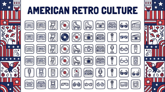A vibrant collage of American retro culture icons, featuring classic objects and symbols with a playful, clean doodle style