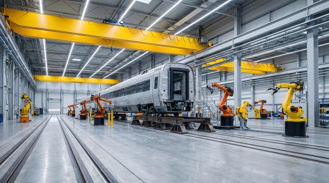 Modern high-tech train assembly plant with robotic arms and automated manufacturing line

