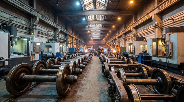 Heavy industry factory interior with rows of train wheelsets and automated robotic welding arms

