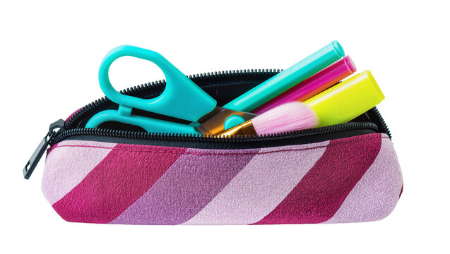 Pencil case with scissors markers, and brush