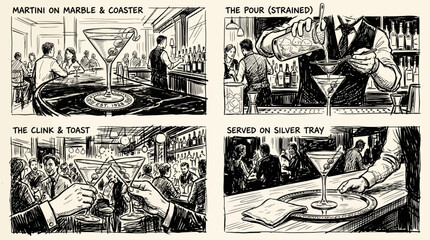 Naklejka premium Storyboard illustration showing the steps of serving a classic martini cocktail in a bar.