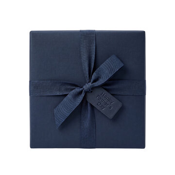Elegant navy blue gift box wrapped with ribbon and "Happy Father's Day" tag for special occasion