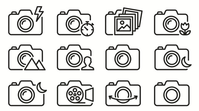 Set of twelve camera icons representing various photography modes and settings.