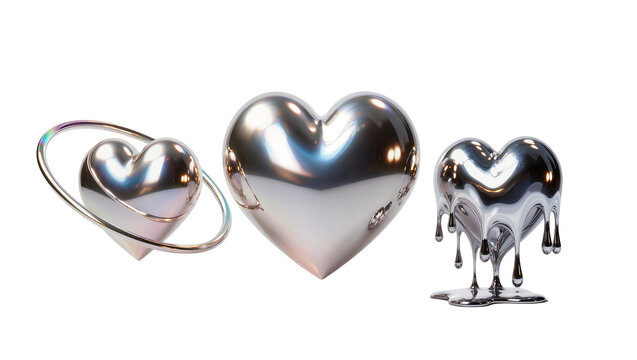 Three chrome hearts one with orbiting ring one solid, one melting