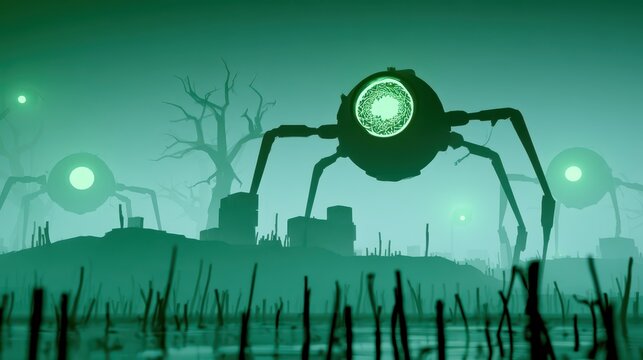 Alien Invasion Landscape With Giant Robotic Spiders In A Misty Swamp