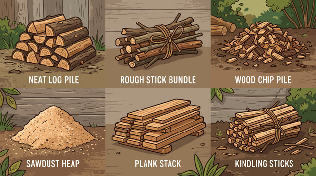 Set of Various Wood Material Piles and Stacks Illustration.