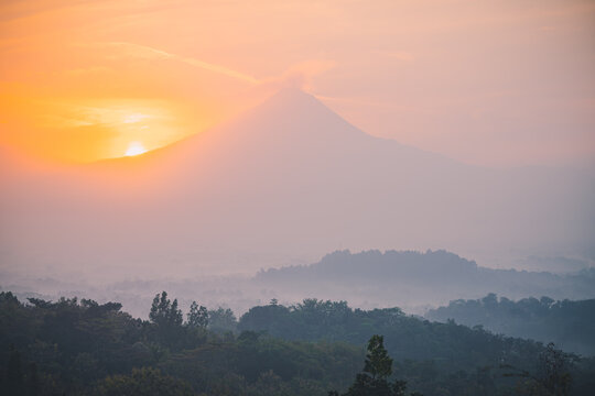 View Mount Merapi and Borobudur from Puthuk Setumbu, Java, Indonesia
