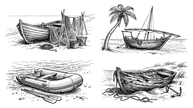 Set of hand drawn sketches of various types of boats.