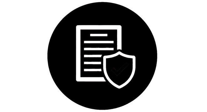 Minimal black silhouette icon, simple flat vector, bold black shape, no, no shading document icon with shield and check mark, secure policy or verified contract on a, flat icon style
