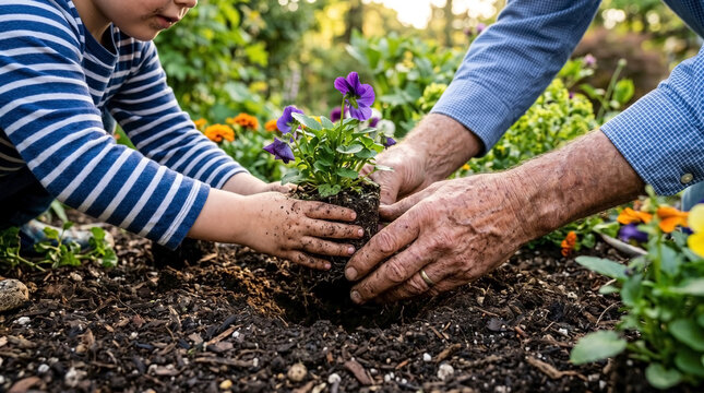 Grandpa and child planting flowers in garden together, hands in soil touching young plants. Gardening teaches children about nature and responsibility, creating memorable moments.