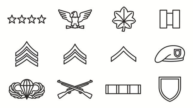 Set of Military Rank Insignia and Army Symbols Line Icons.