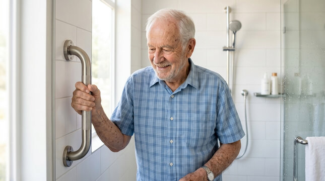Grandpa using shower grab bar while smiling in modern bathroom. Shower grab bar provides support and safety for elderly, promoting independence in daily routines.